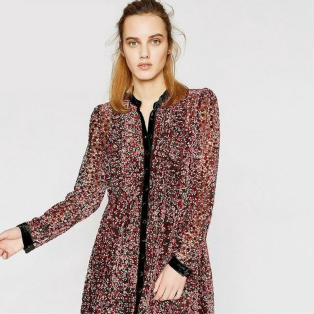 The Kooples Red and Black Velvet Cherry Flowers Dress with lining Size 6